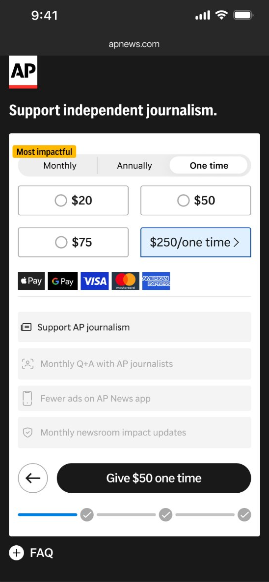$250 one-time selected from the dropdown