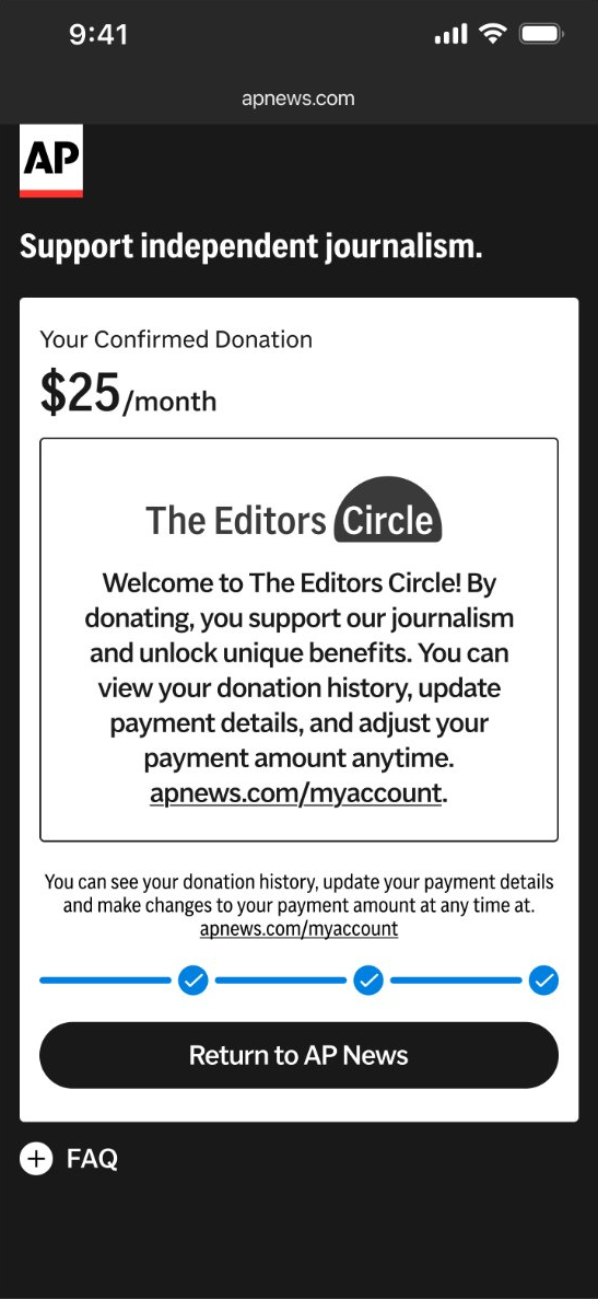 Confirmation welcoming the donor to The Editors Circle