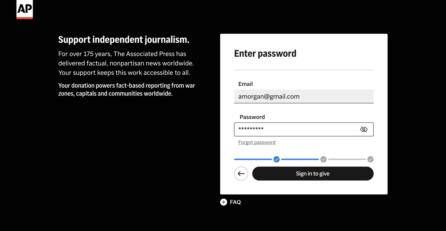 Enter password step at LG: email prefilled, password field with show toggle, Forgot password link and Sign in to give button