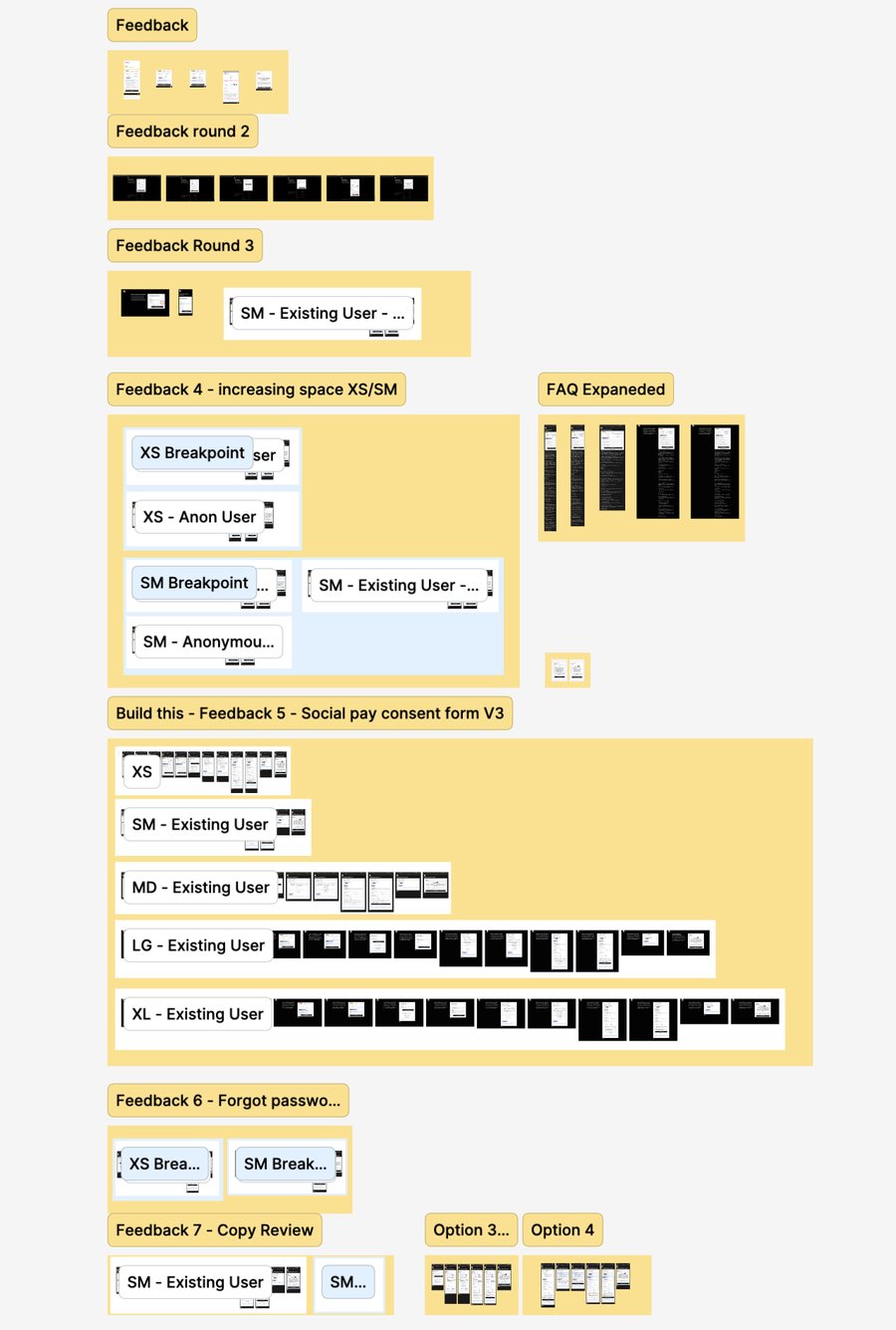 Figma review board with feedback rounds 1 to 7, each grouping the screens that changed