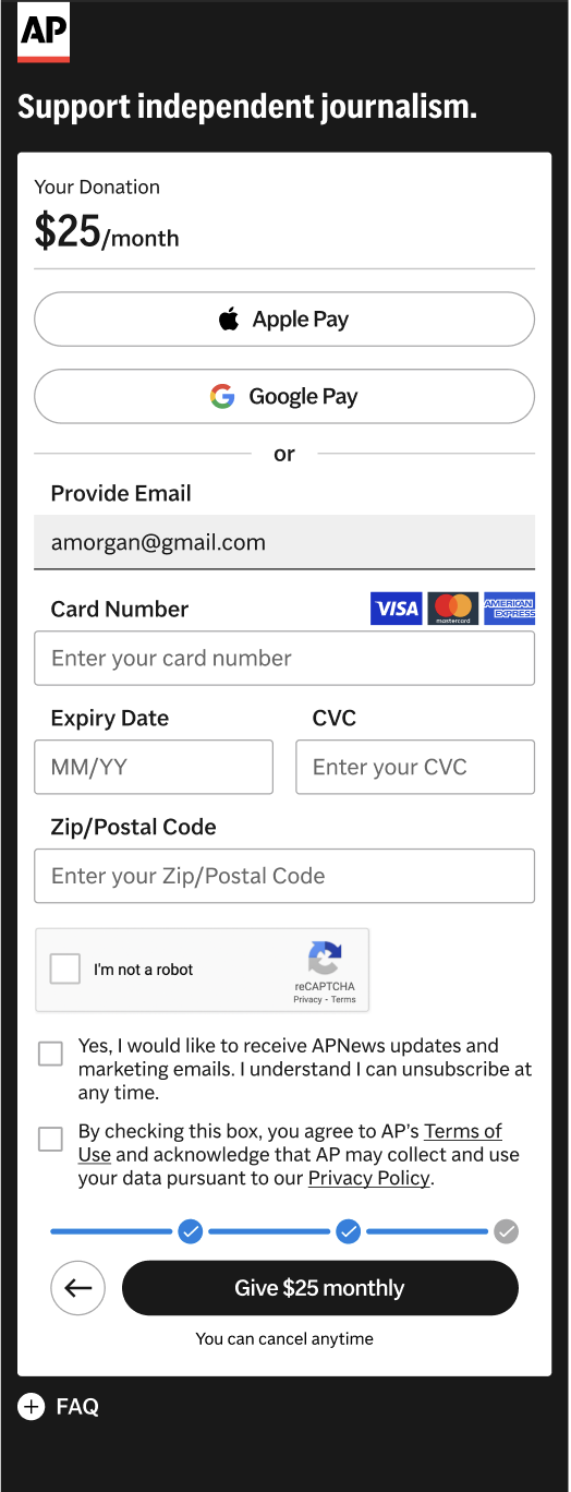 First payment design: wallet buttons at the top, consent checkbox at the bottom of the card form