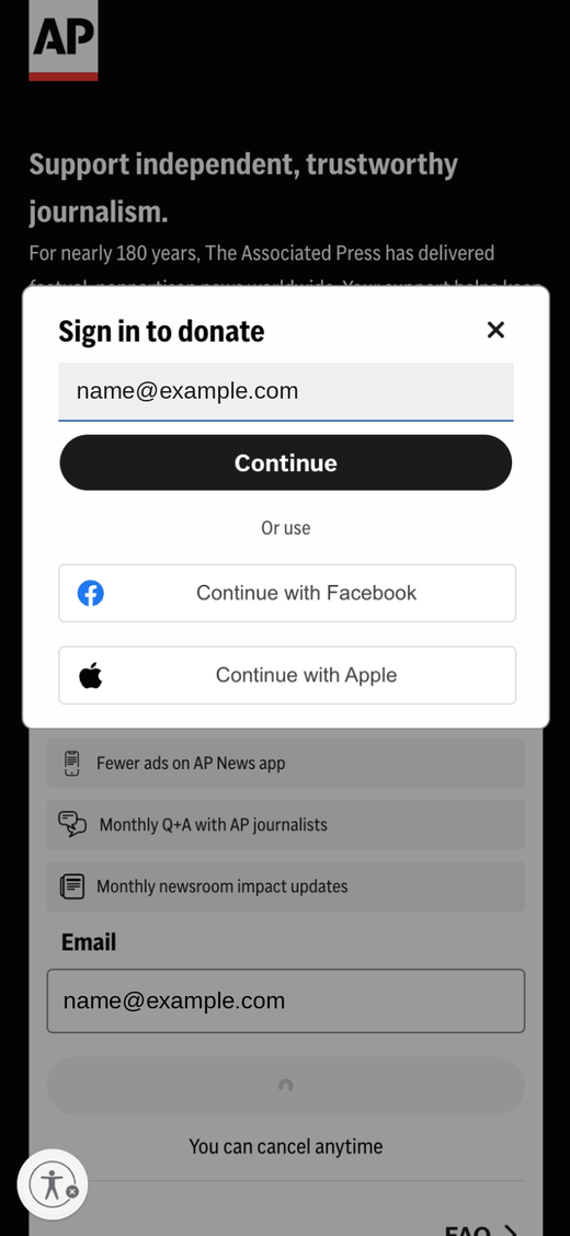 Live page: a Sign in to donate modal over the form, with email, Facebook and Apple