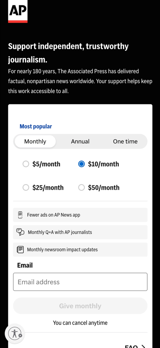 Live page: plan tabs, four monthly amounts, benefits and an email field in one card