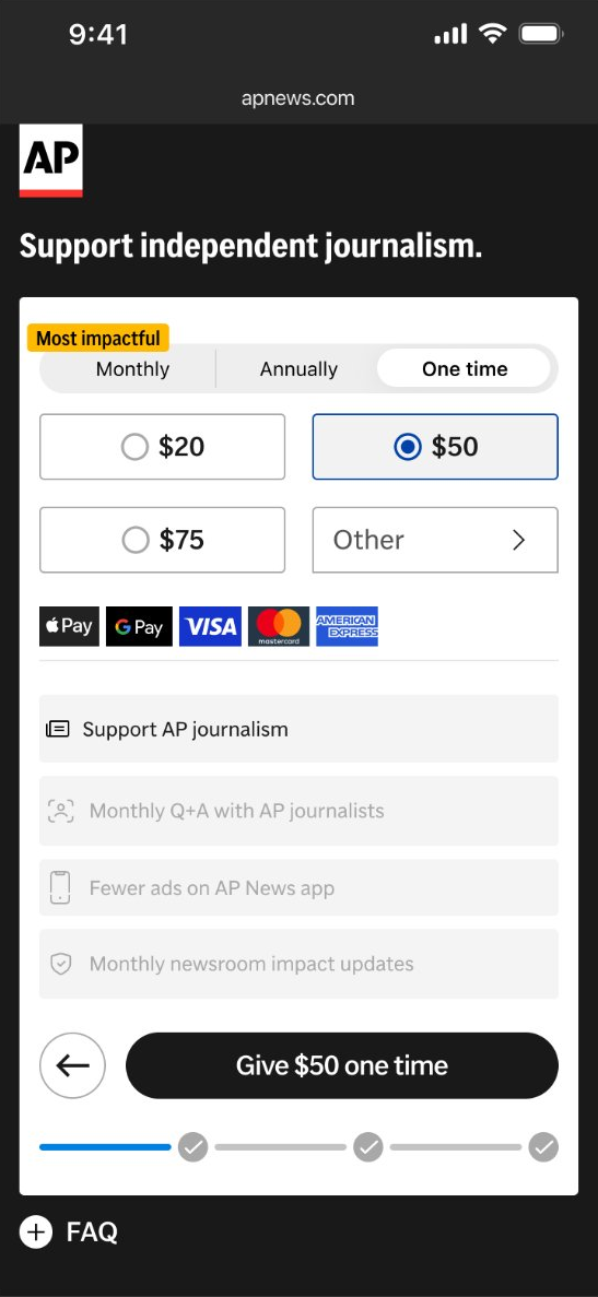 One-time tab with $50 selected and membership perks grayed out