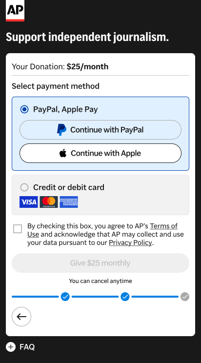 Option 4: method picker with wallets selected, one consent box and one Give button