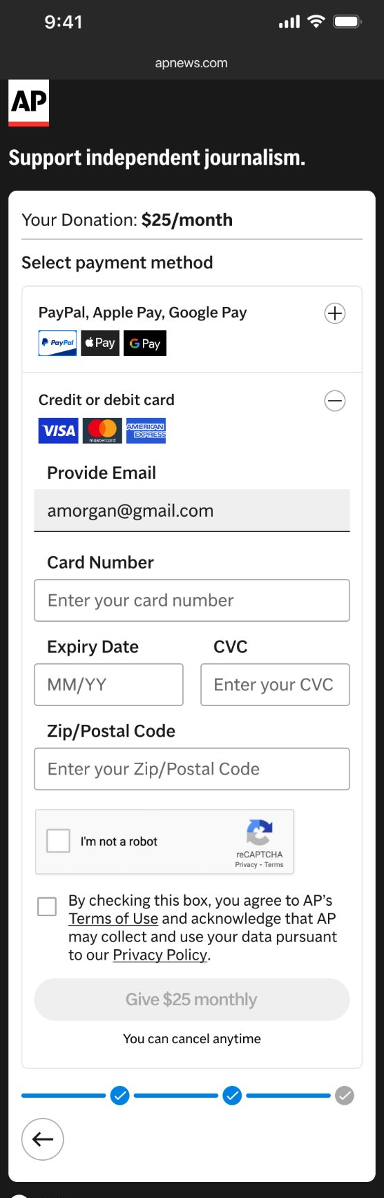 Payment step opening with card expanded, Terms unchecked and Give disabled