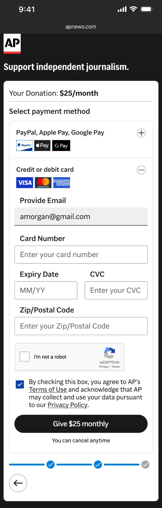 Payment step opening with card pay expanded
