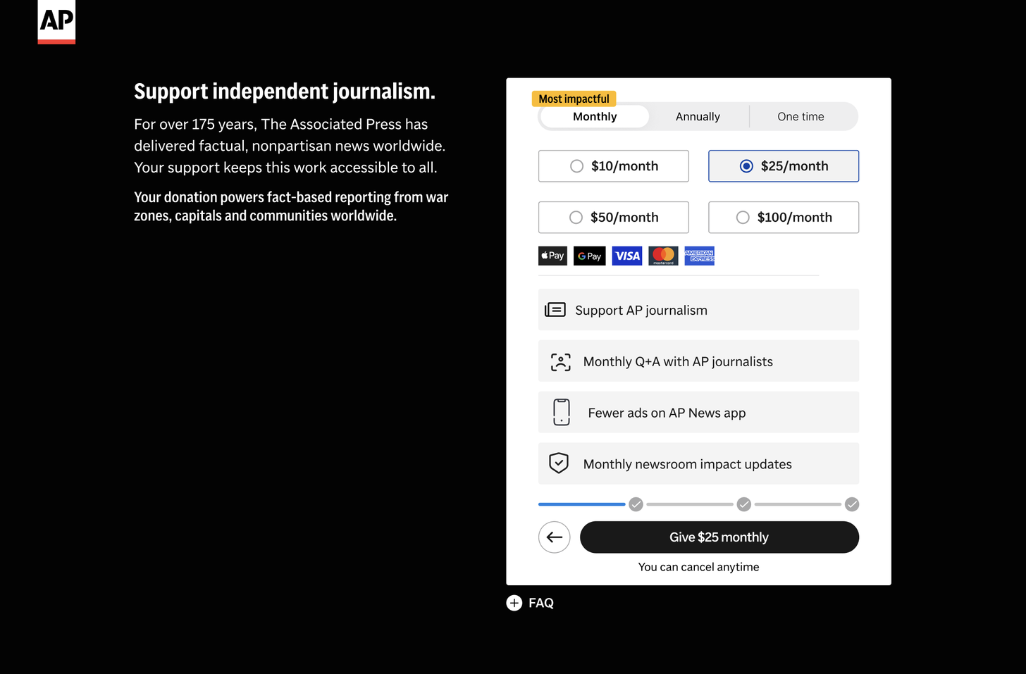 Plan step at LG: intro on the left, the same donation picker, benefits and Give button on the right