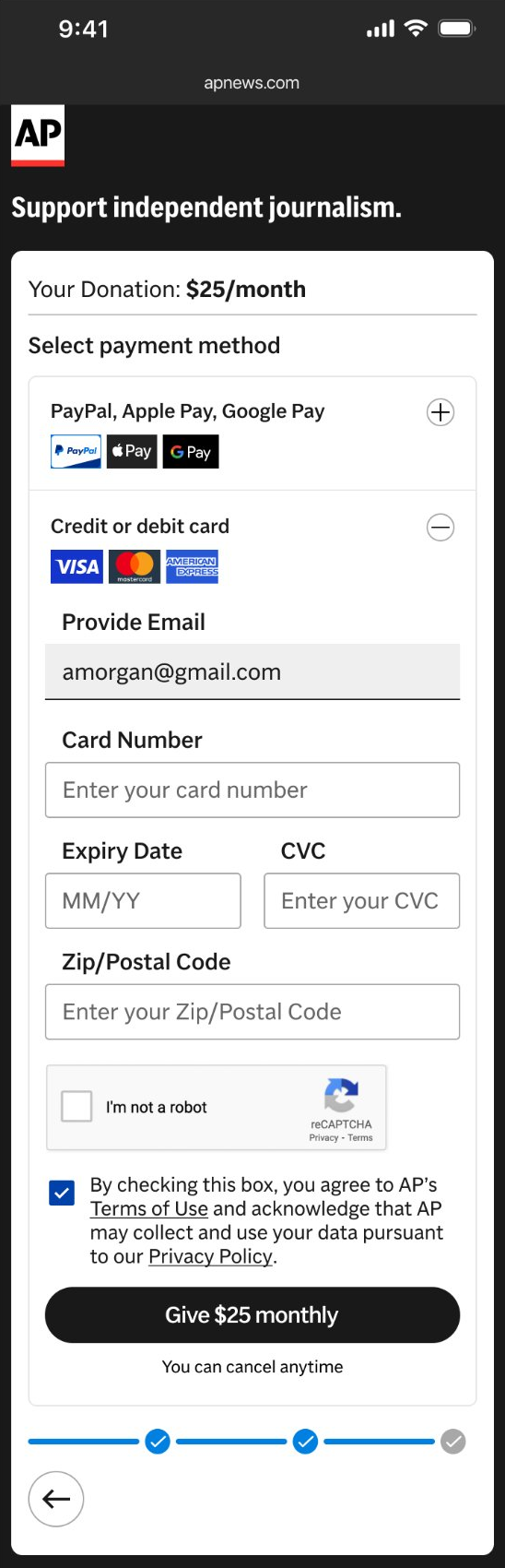 Shipped design: card pay open, consent checked directly above the Give $25 monthly button