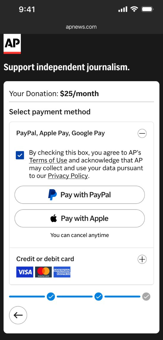 Shipped design: wallets open, consent checked directly above Pay with PayPal and Pay with Apple