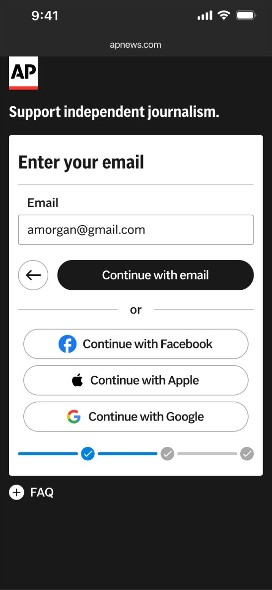 Step 2, enter email or continue with Facebook, Apple or Google